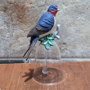 Barn Swallow Bird Figurine on Crystal Glass Bell Silver Tone Chain Glass Ball